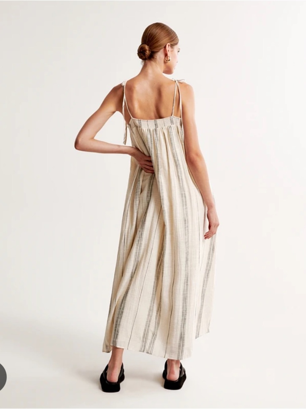 Abercrombie & Fitch Cream and Gray Striped Tie-Shoulder Maxi Dress